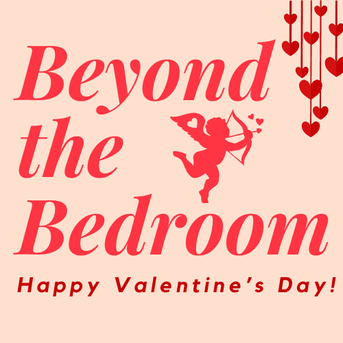 Beyond the Bedroom Logo Valentine's Day edition with cupid and hanging hearts